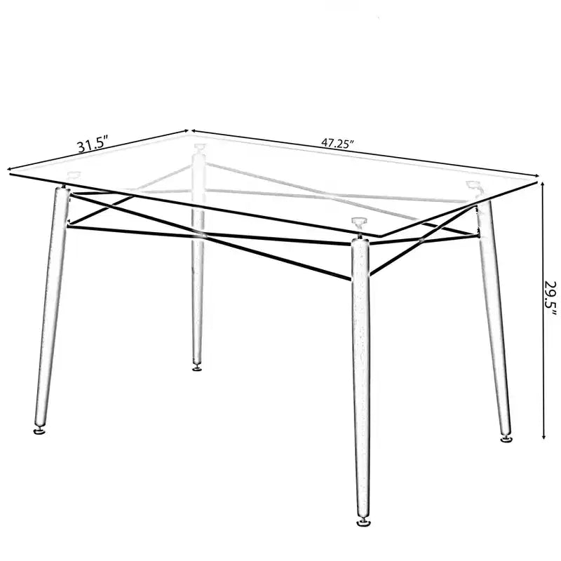 Rectangle Clear Tempered Glass Dining Table - Mid-Century, Solid Wood Legs, Seats 4-6