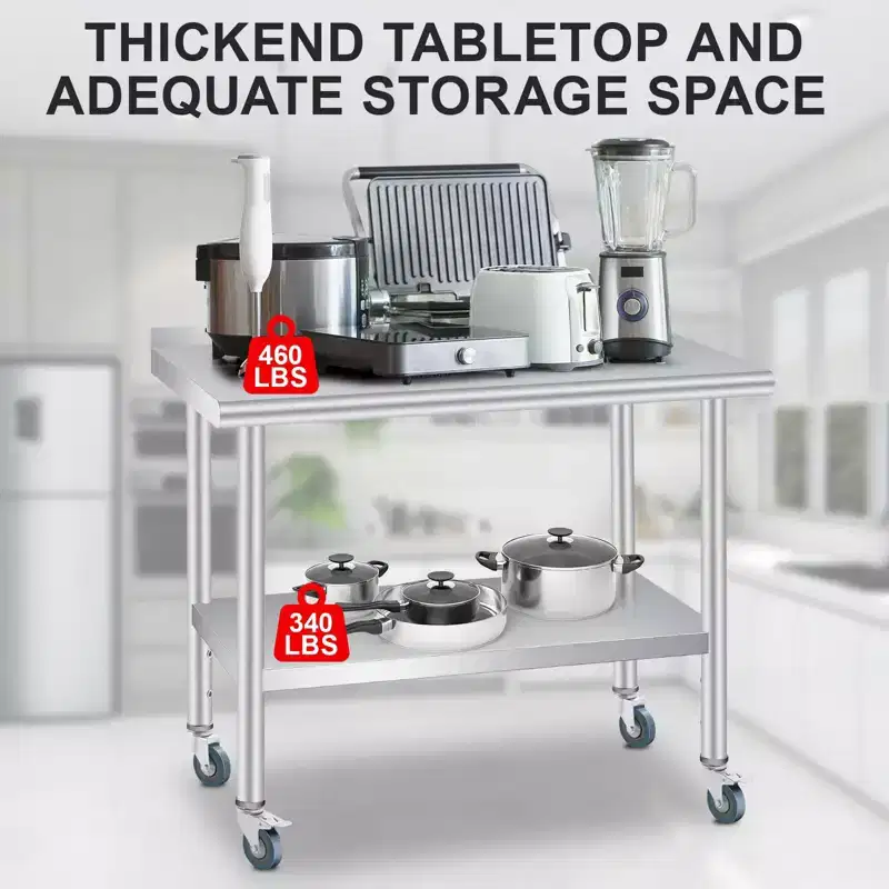 Stainless Steel Prep Table with Backsplash, Adjustable Undershelf and 4 Caster Wheels, Commercial Heavy Duty Table with Adjustable Under Shelf