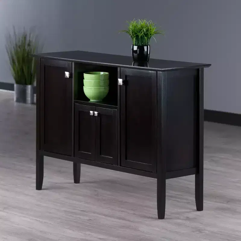 Buffet Cabinet/Sideboard - Coffee Finish, Solid & Composite Wood, 2 Cabinets + Open Shelf