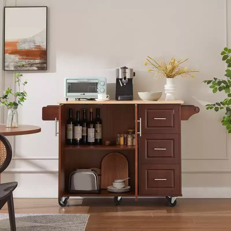FAMYYT Brown Drop Leaf Wood Top 54 in. Kitchen Island Cart with 3 Drawers Locking Casters and Storage Shelves