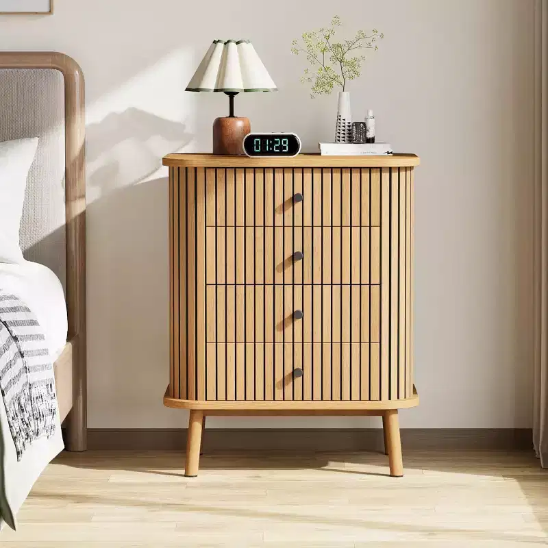 Boho Nightstand with 4 Drawers , Wicker Bedside Table with Matte Black Handles & Wood Legs, Natural Finish