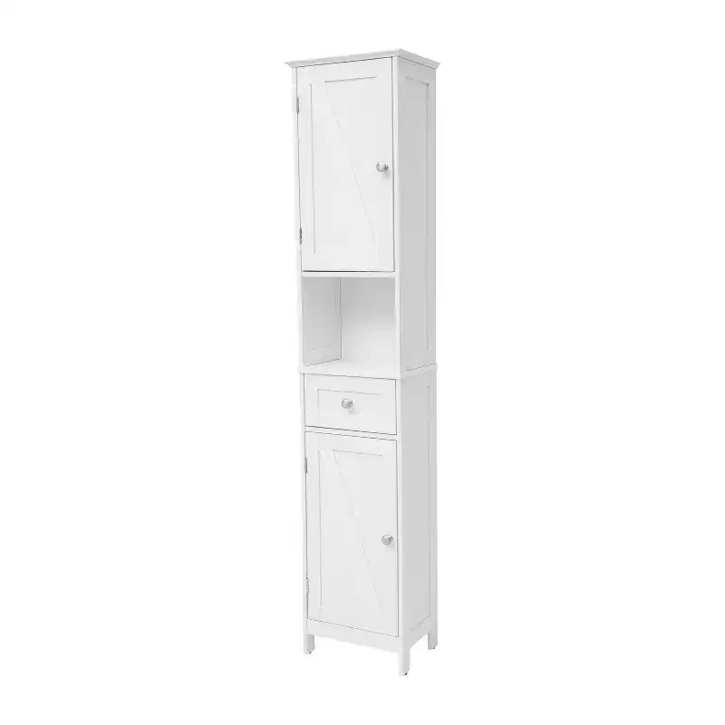 Slim Linen Tower Organizer with Storage Drawer, Upper and Lower Cabinets with Magnetic Closure Doors and Open Shelf