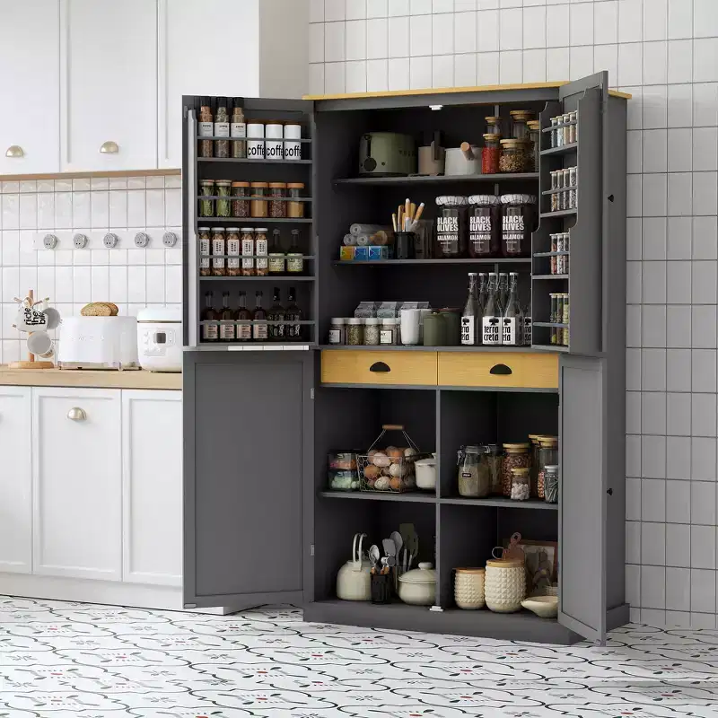 Okak Modern 71.3 Freestanding Tall Cupboard Dining Room Cabinet with Storage, 2 Adjustable Shelves, 8 Door Shelves for Kitchen Living Room