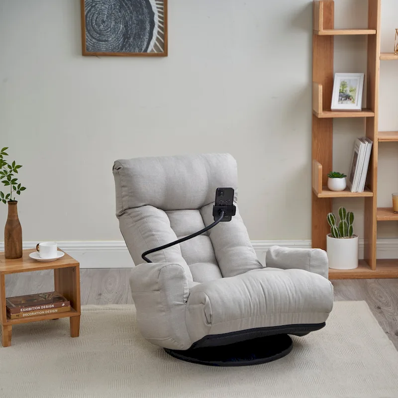 Gray Swivel Recliner with Phone Holder, Adjustable Headrest