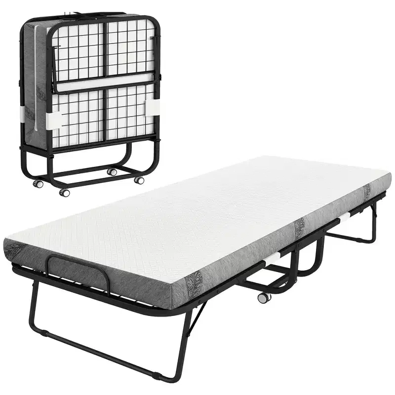 Rollaway Folding Guest Bed with Mattress, Steel Frame & Wheels – 330 lb Capacity, White