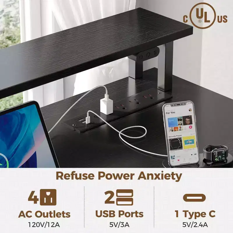 Greenstell Modern L-shaped minimalist desk - with LED light & keyboard tray, open storage space, three storage drawers