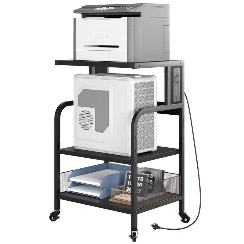 3-Tier Rolling Printer Stand with Power Outlet, Adjustable Storage Shelf & Wheels for Home Office, Fax Machine, Scanner