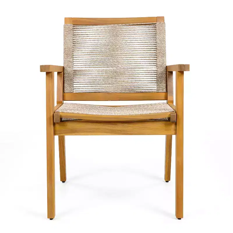 Teak Finish Woven Rope Outdoor Dining Chairs with Arms, Set of 2, Brown/Gray