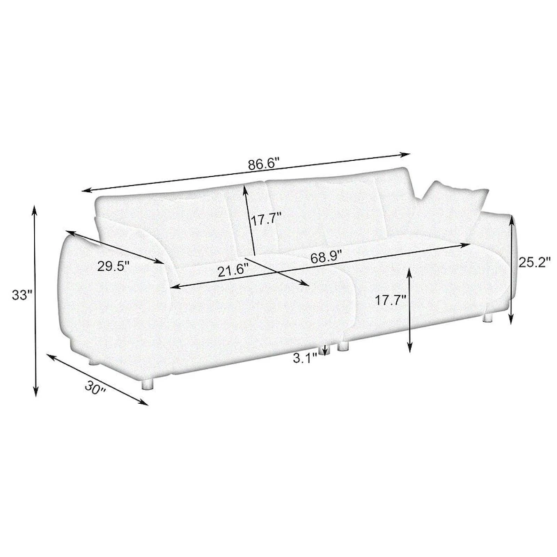 86.6 Modern Teddy Velvet Triple Sofa with 4 Pillows and Metal Legs