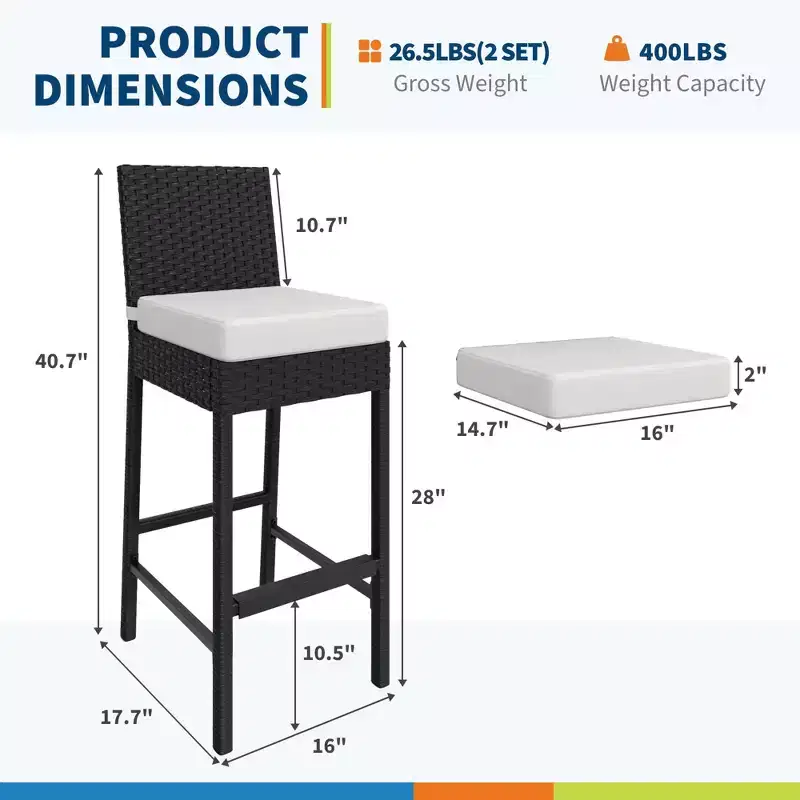 Outdoor Wicker Bar Stools Set of 2, Armless Outdoor Rattan Barstools with Cushions, for Backyard, Poolside