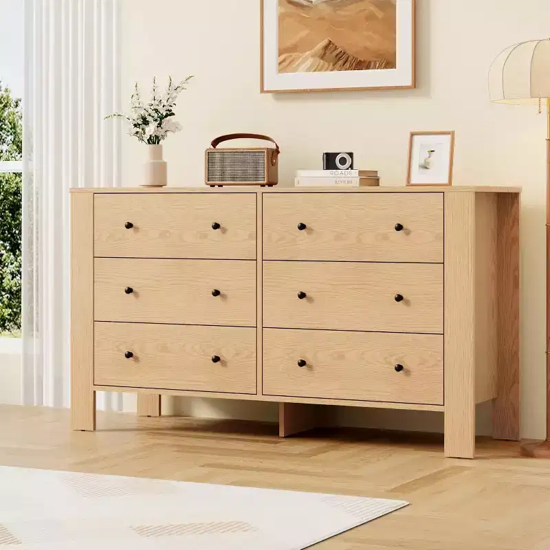 Natural Oak 6 Drawer Dresser for Bedroom, Modern Wide Dresser Organizer with Storage Drawers