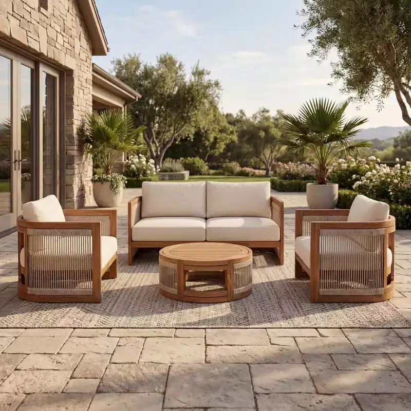 Christopher Knight Home Mads 4 Piece Outdoor Acacia Wood Curved Tub Design Seating Set with Woven Rope