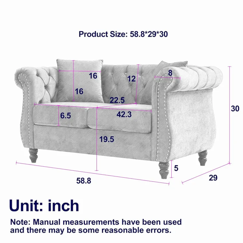 Beige Velvet Chesterfield Loveseat Sofa, Rolled Arms, Nailhead Trim