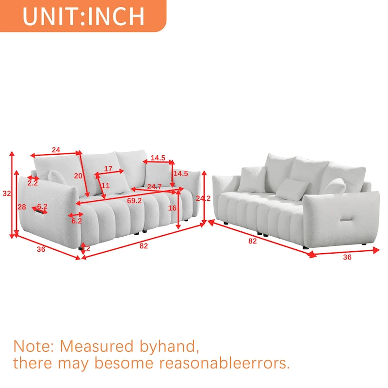 2-Pieces 6-Seat Teddy Fabric Sectional Sofa Set (3+3) with Wooden Frame & 6 Pillows