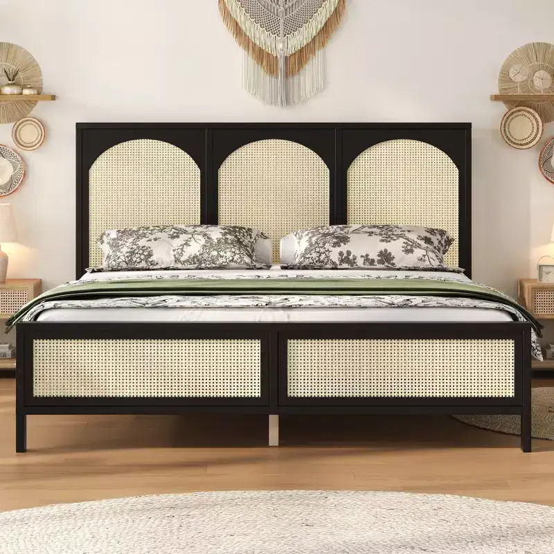Wood Platform Bed with Rattan Headboard and Footboard