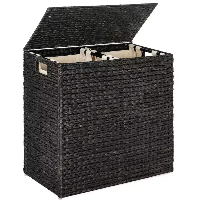 Large Natural Water Hyacinth Double Laundry Hamper with 2 Liner Bags