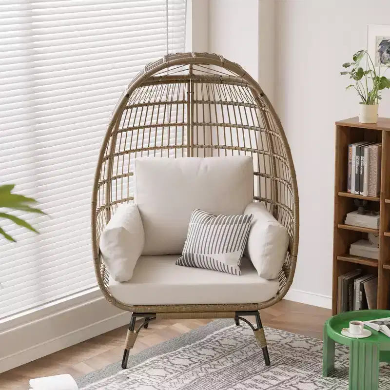 Wicker Egg Chair with Soft Cushion and Steel Frame, Rattan Patio Lounge Chairs for Patio, Backyard, Living Room, Bedroom