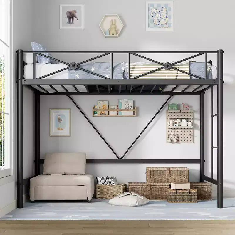 Twin Size Metal Loft Bed Frame, Heavy Duty Steel Loftbed with Safety Guardrails, Space-Saving Design for Kids Bedroom, Dorm or School Room