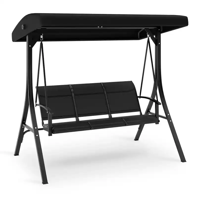 3-Seat Black Patio Swing Chair - Adjustable Canopy & Armrests, Breathable Textilene Fabric Hanging Bench for Garden Poolside Backyard