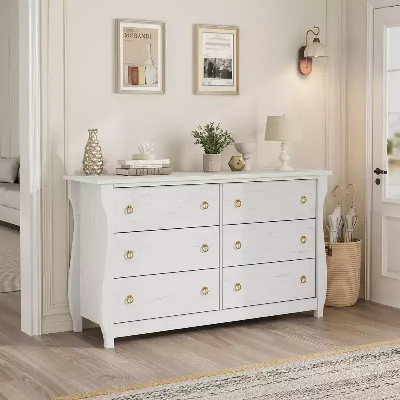 6/7-Drawer Dresser - Tall Boho Dresser with Curved Legs, Rattan Accents, and Freestanding Storage for Living Room, Bedroom, Entryway