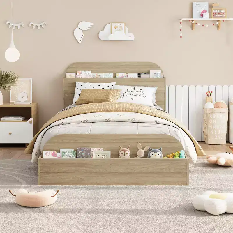 Twin Size Bed Frame, Heavy Duty Wood Slats,with Storage Headboard and Raised-Foodboard, No Box Spring Needed, Easy Assembly, for boys and girls