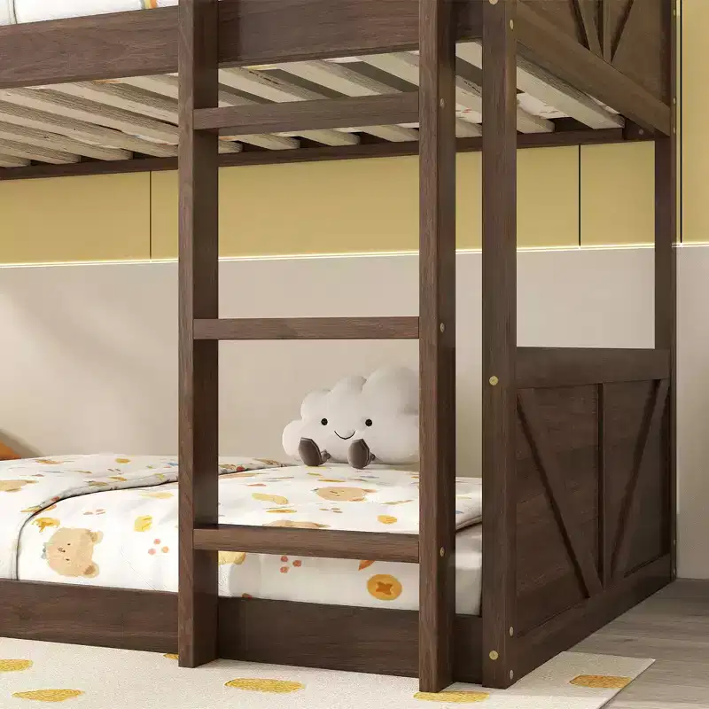 Twin over Twin Floor Bunk Bed with Rubber Wood Frame, Toddler Bunk Beds with Panelled Headboard and Footboard, Bed Frames for Bedroom
