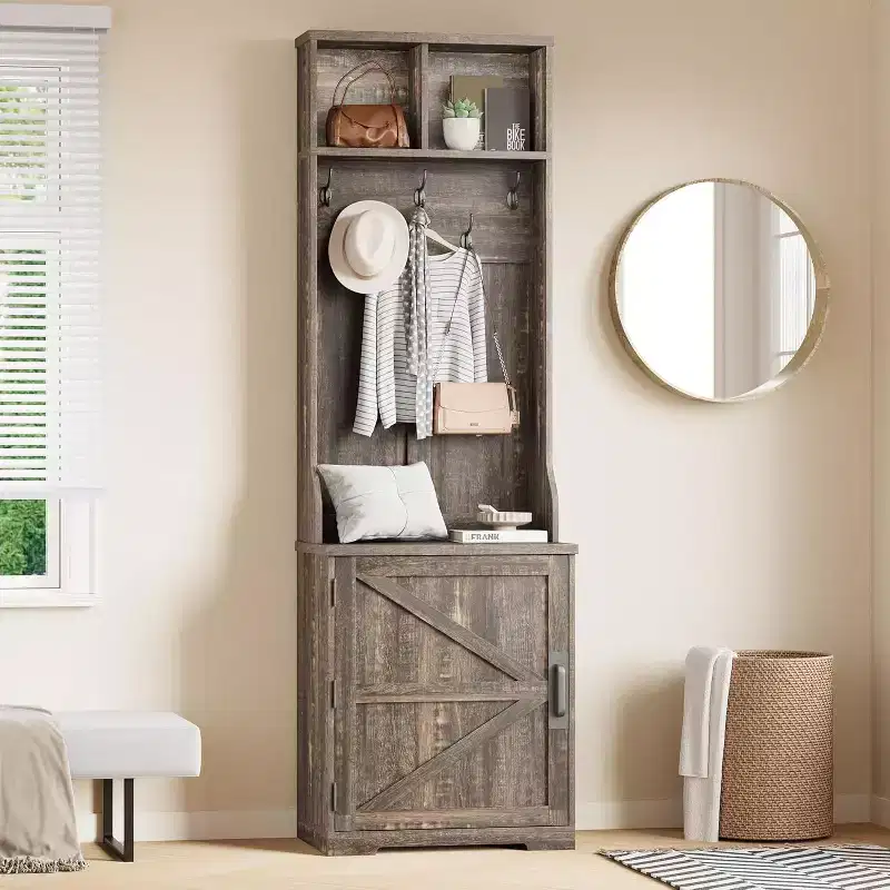 Farmhouse Narrow Hall Tree with Bench and Shoe Storage, Coat Rack, Barn Door, Small Entryway Organizer