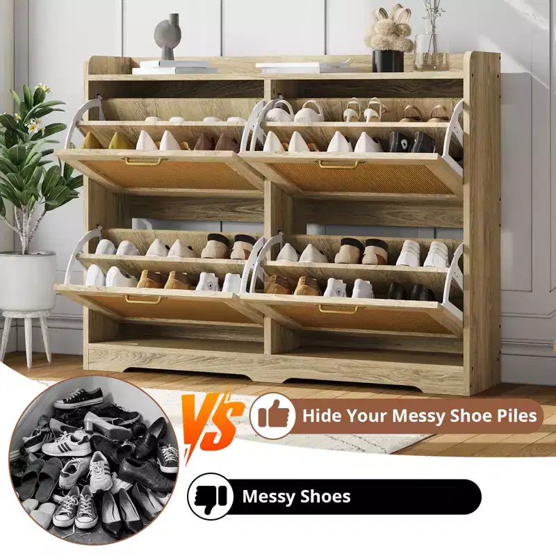 Shoe Cabinet with 4 Flip Drawers - Hidden Wide Wood Shoe Storage Cabinet, Simple and Elegant Freestanding Shoe Rack for Entryway, Hallway, Foyer