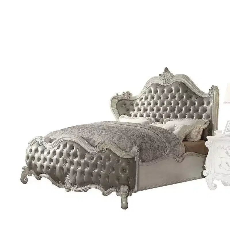 95" Queen Bed Versailles Bed Vintage Gray Synthetic Leather & Bone White Finish - Acme Furniture