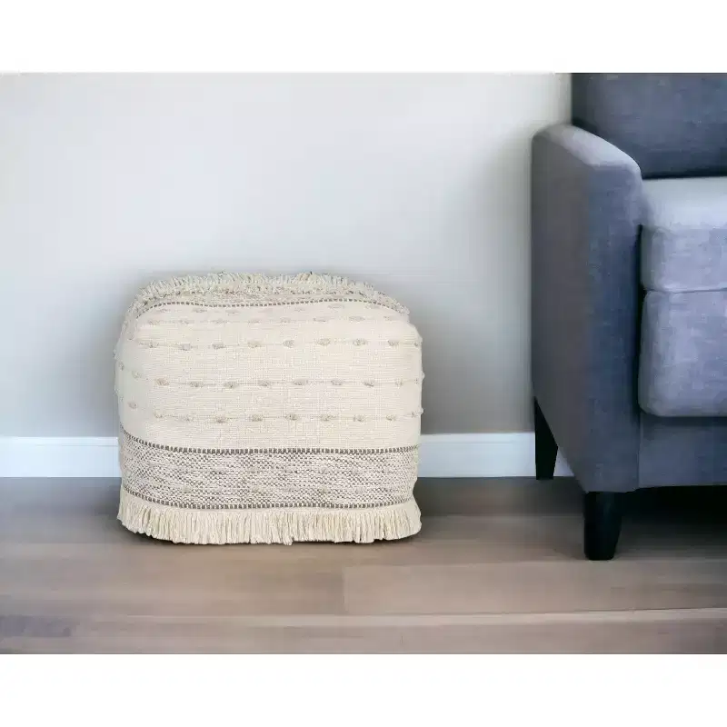 HomeRoots 18 Cream Cotton Striped Pouf Ottoman