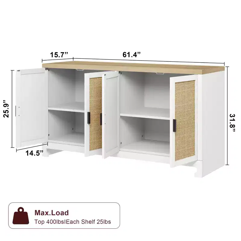 Rattan Storage Cabinet, Sideboard Buffet Cabinet with 4 Doors and Shelves, for Dining Room, Kitchen, Living Room and Entryway, Contrast Color