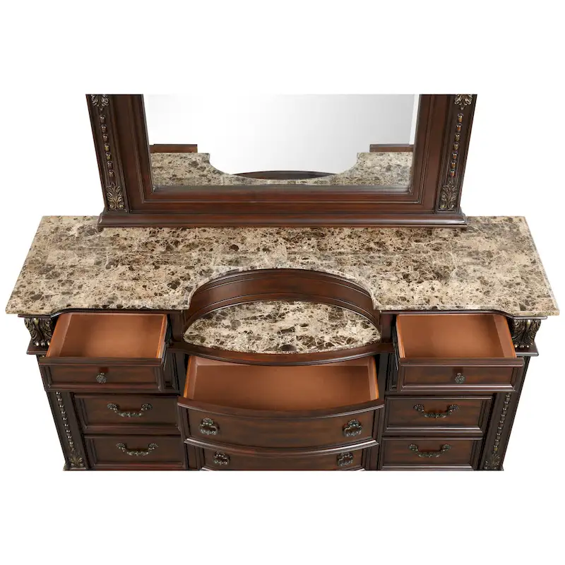Solid Wood & Marble Top Traditional Dresser – Cherry Finish