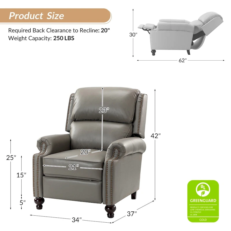 Gabriela Mid-Century Modern Genuine Leather Recliner with Tapered Block Feet by HULALA HOME