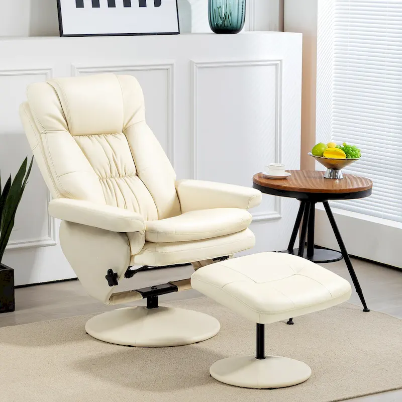 Adjustable PU Leather Lounge Chair Swivel Recliner Chair Padded High Back Armchair with Ottoman and Wood Base