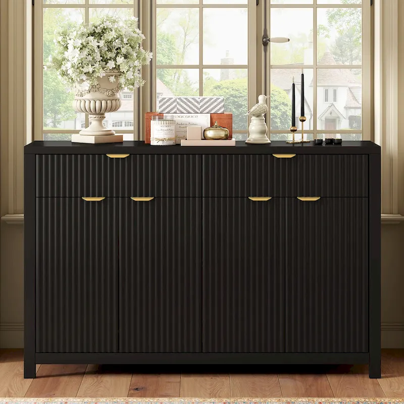 55 Modern Wave-Pattern Sideboard Cabinet Sofa Table with 2 Drawers and 4 Doors, 3-Level Adjustable Shelves