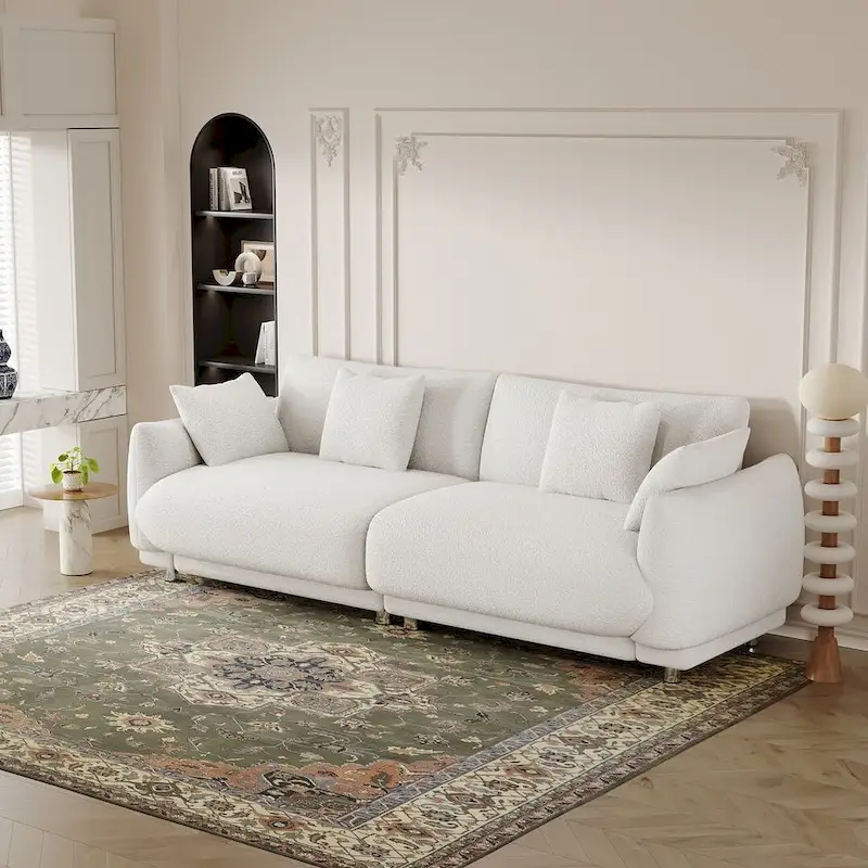 86.6 Modern Teddy Velvet Triple Sofa with 4 Pillows and Metal Legs