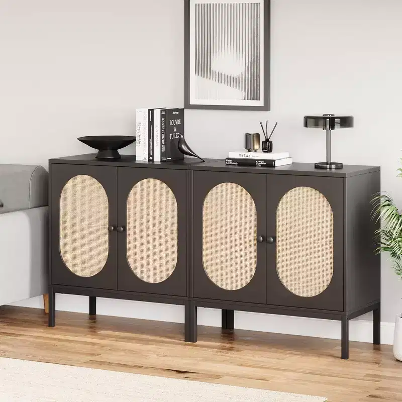 Buffet Cabinet Rattan Storage Cabinet with Doors and Shelves, Accent Cabinet Sideboard for Living Room, Dining Room, Hallway