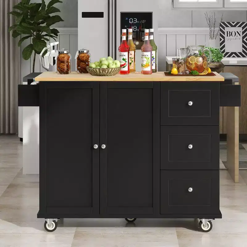 Kitchen Cart with Wood Top and Drop Leaf Breakfast Bar, Rolling Mobile Kitchen Island with Storage and Towel Rack