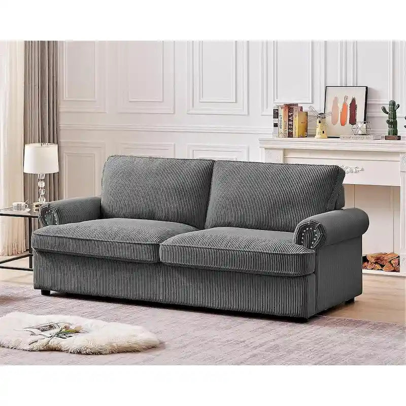 76-Inch Corduroy Sofa Bed with Round Arms and Pull-Out Queen Mattress