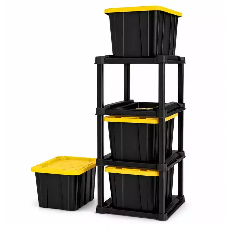 Sterilite 4 Tier Tote Rack Organizer with 4 Pack 27 Gal Industrial Storage Totes