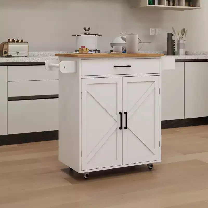 sumyeg Rolling Kitchen Cart with Adjustable Shelves, Towel Rack and Wood Top for Storage