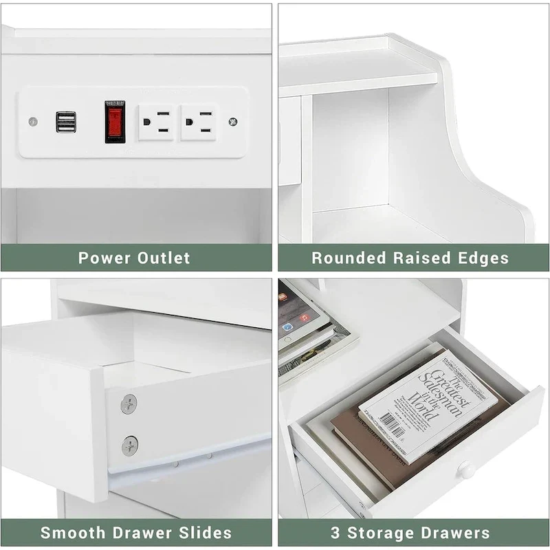 Nightstand 3 Drawers Charging Station End Side Table Bedroom