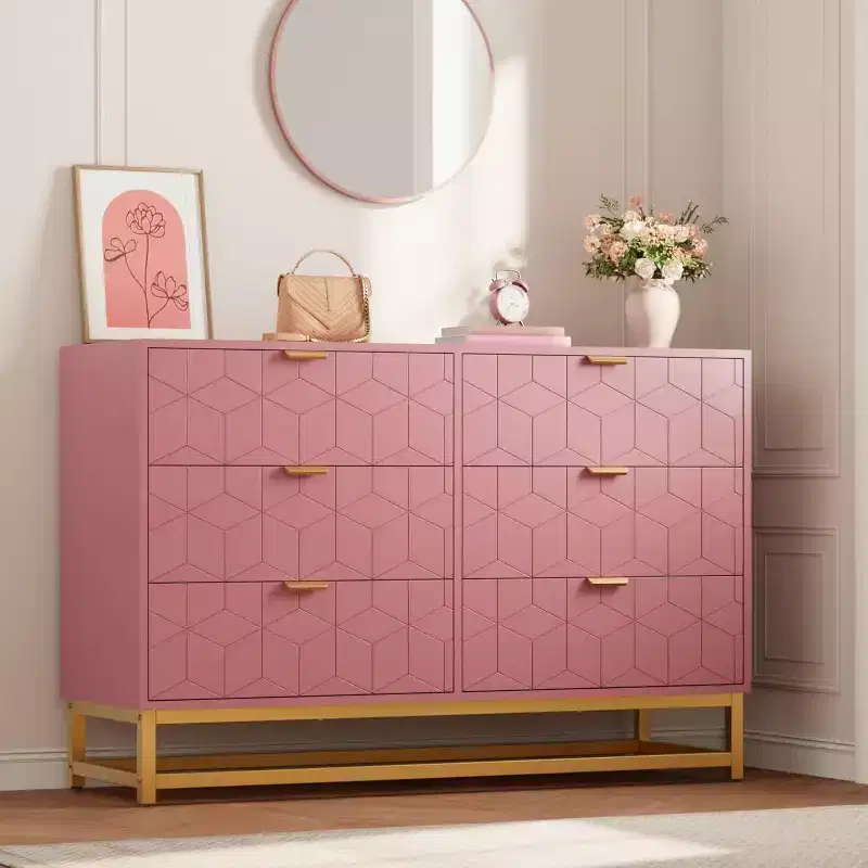 Modern 6-Drawer Dresser, Gold Handles Long Storage TV Stand