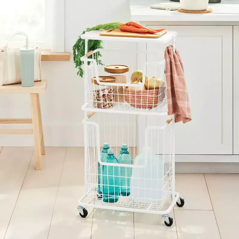Wire Wood Basket Cart - White