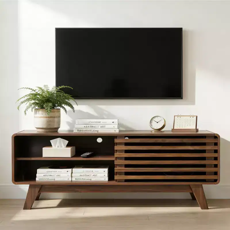 JVNOXK Mid Century Modern TV Stand with Storage, Slatted Sliding Door Media Console for Living Room