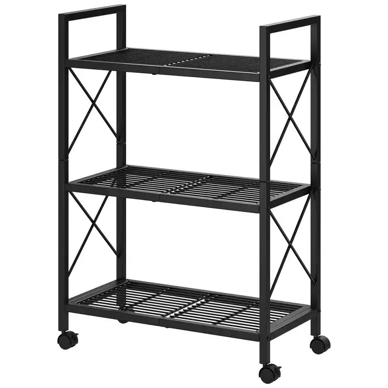 3-Tier Metal Storage Rack with Wheels, 23.6 in Rolling Mesh Shelving Unit for Kitchen Bathroom Entryway, Black