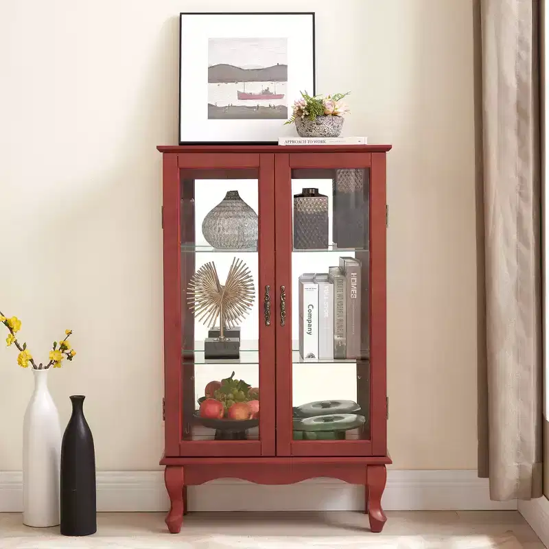 2-Door Curio Cabinet with Tempered Glass Doors, Mirrored Back, Adjustable Shelves & Built-in Light