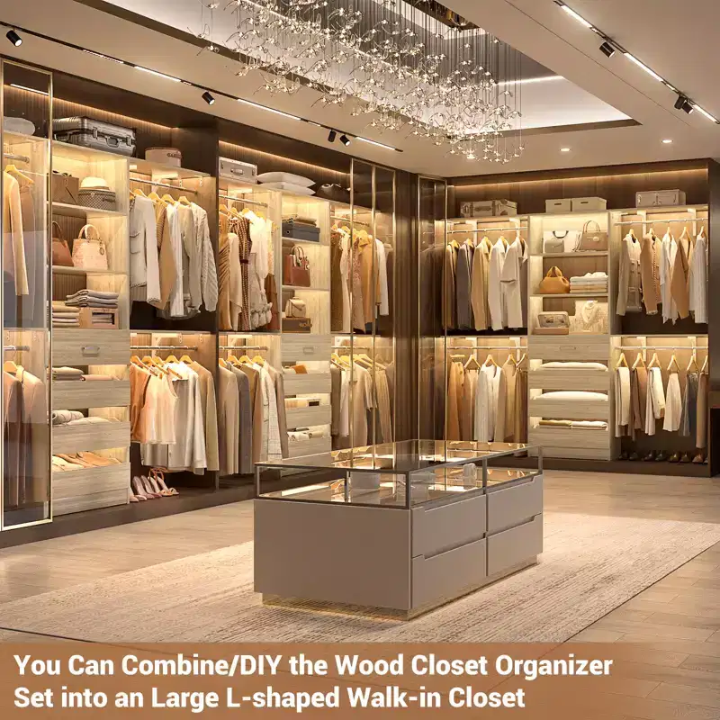 Besiost 8FT Closet Organizer System with 4 Wooden Drawers & Hanging Rods