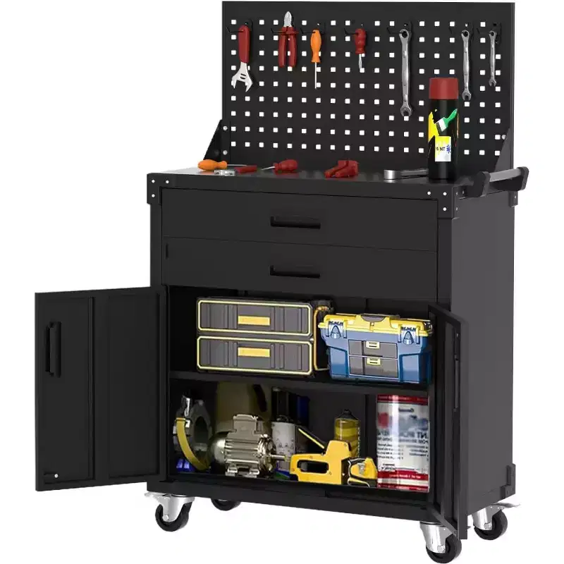 35 Heavy-Duty Steel Rolling Tool Cabinet with 2 Deep Drawers, Adjustable Shelves & Pegboard, Locking Casters, Mobile Garage Storage Organizer