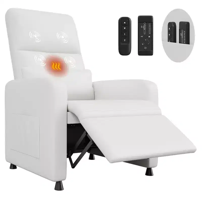 Recliner  Ergonomic PU leather armchair with adjustable recline, padded seat, wide armrests, high back, and side pockets suitable for adults.